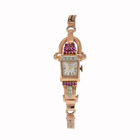 Thomax 1950's Ladies 14KT Pink Gold Ruby and Diamond Cocktail Watch
