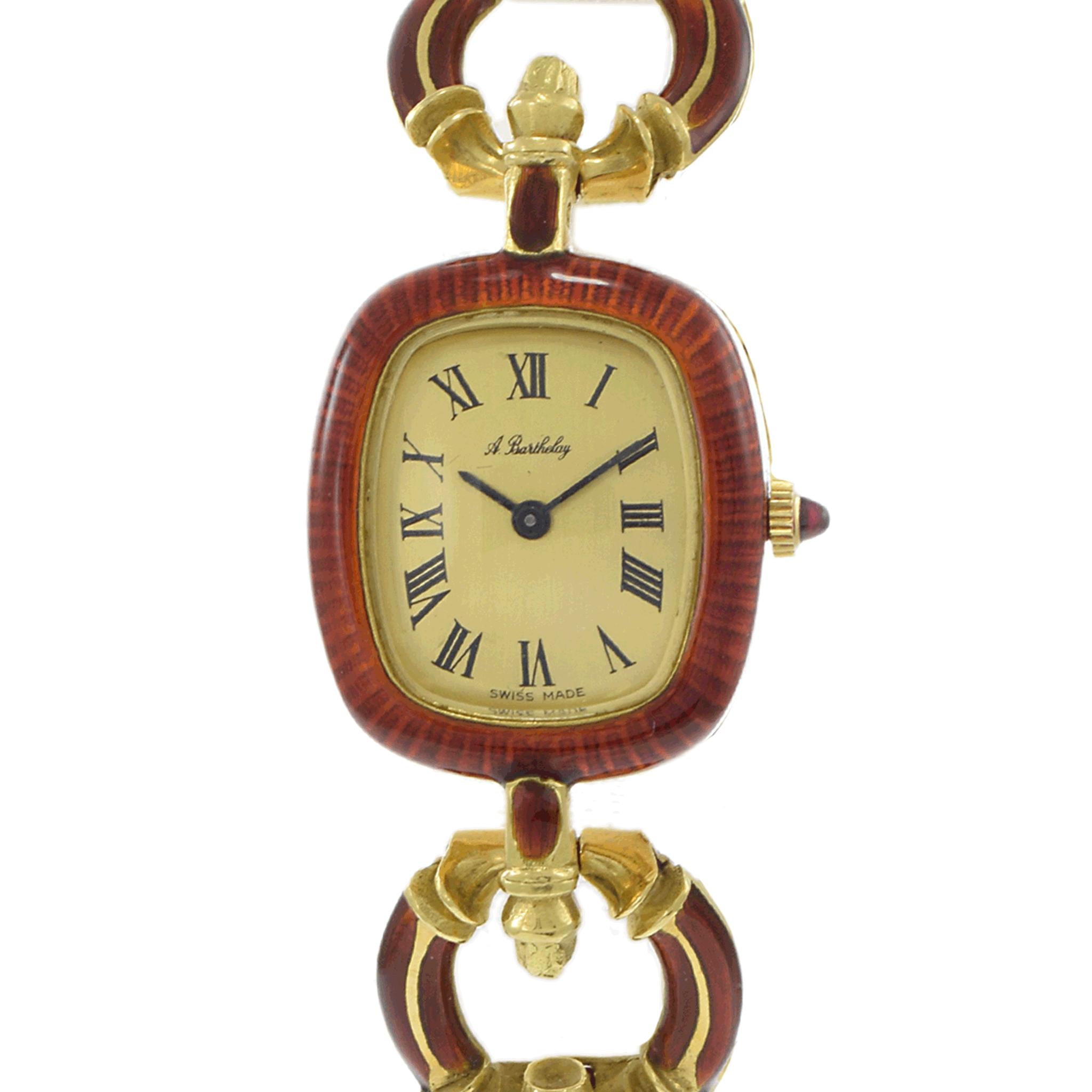 Vintage 1950s A. Barthelay 18K Yellow Gold & Red Enamel Watch