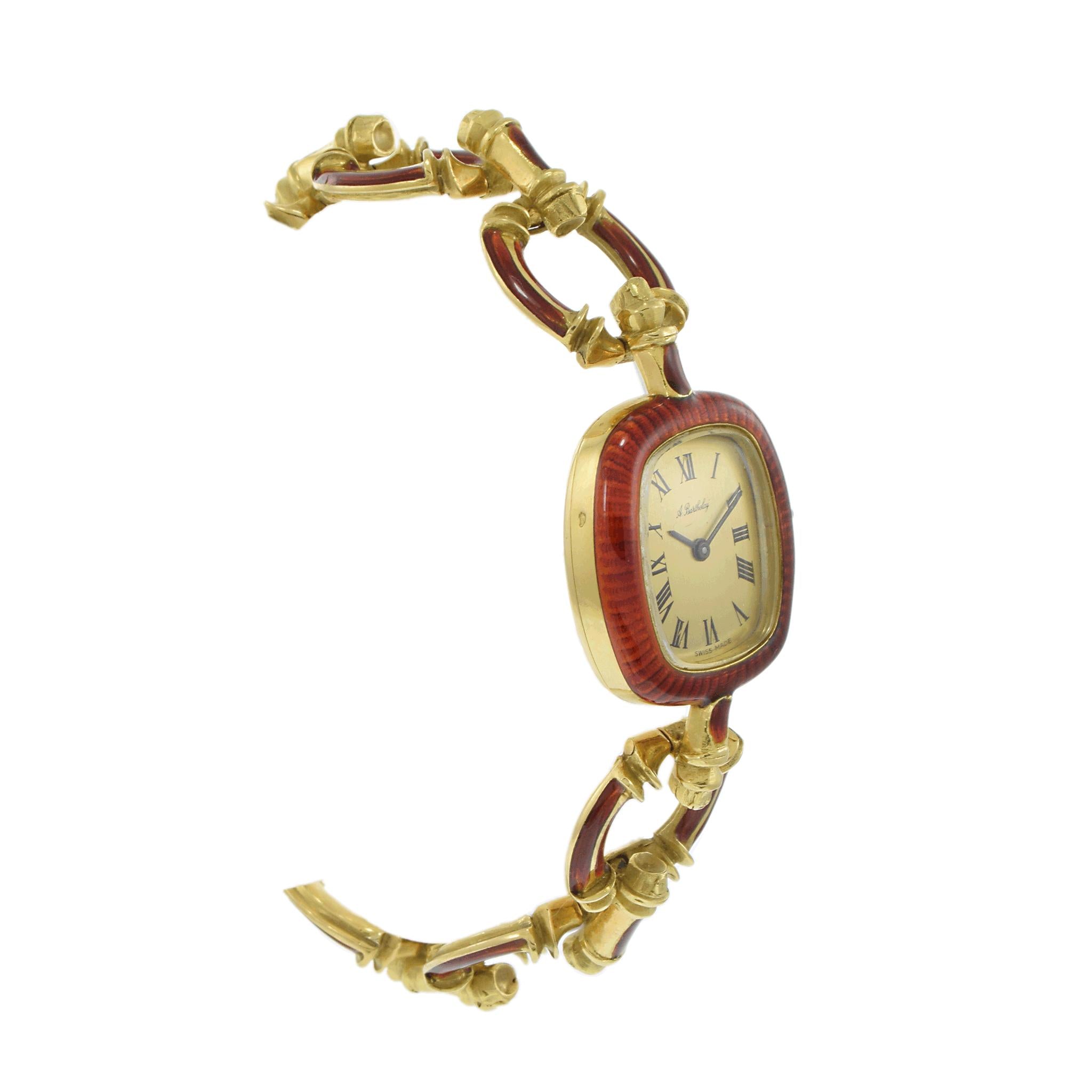 Vintage 1950s A. Barthelay 18K Yellow Gold & Red Enamel Watch