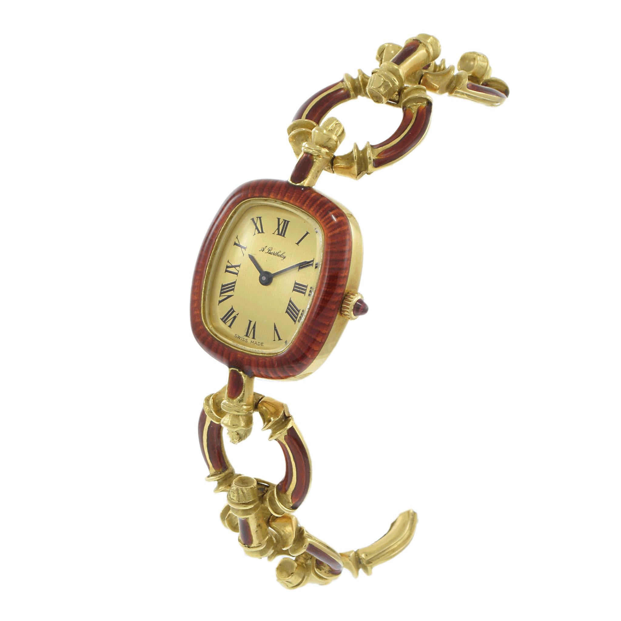 Vintage 1950s A. Barthelay 18K Yellow Gold & Red Enamel Watch