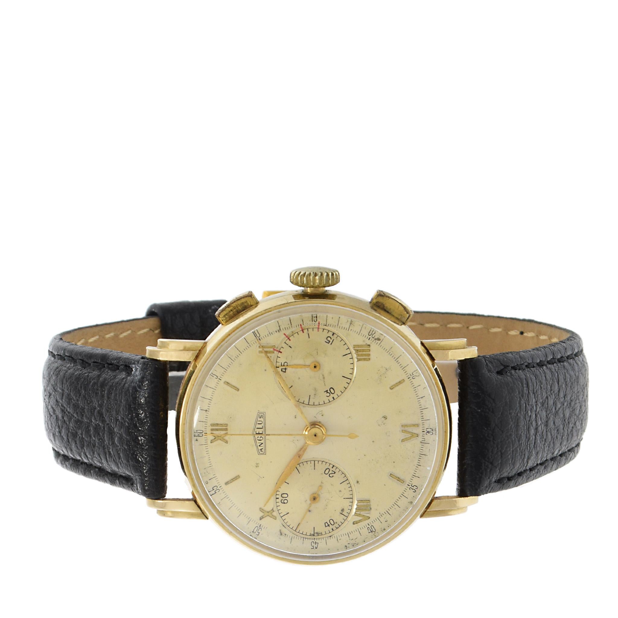 Vintage 1940s Angelus Watch Co. Swiss Chronograph 18K Yellow Gold