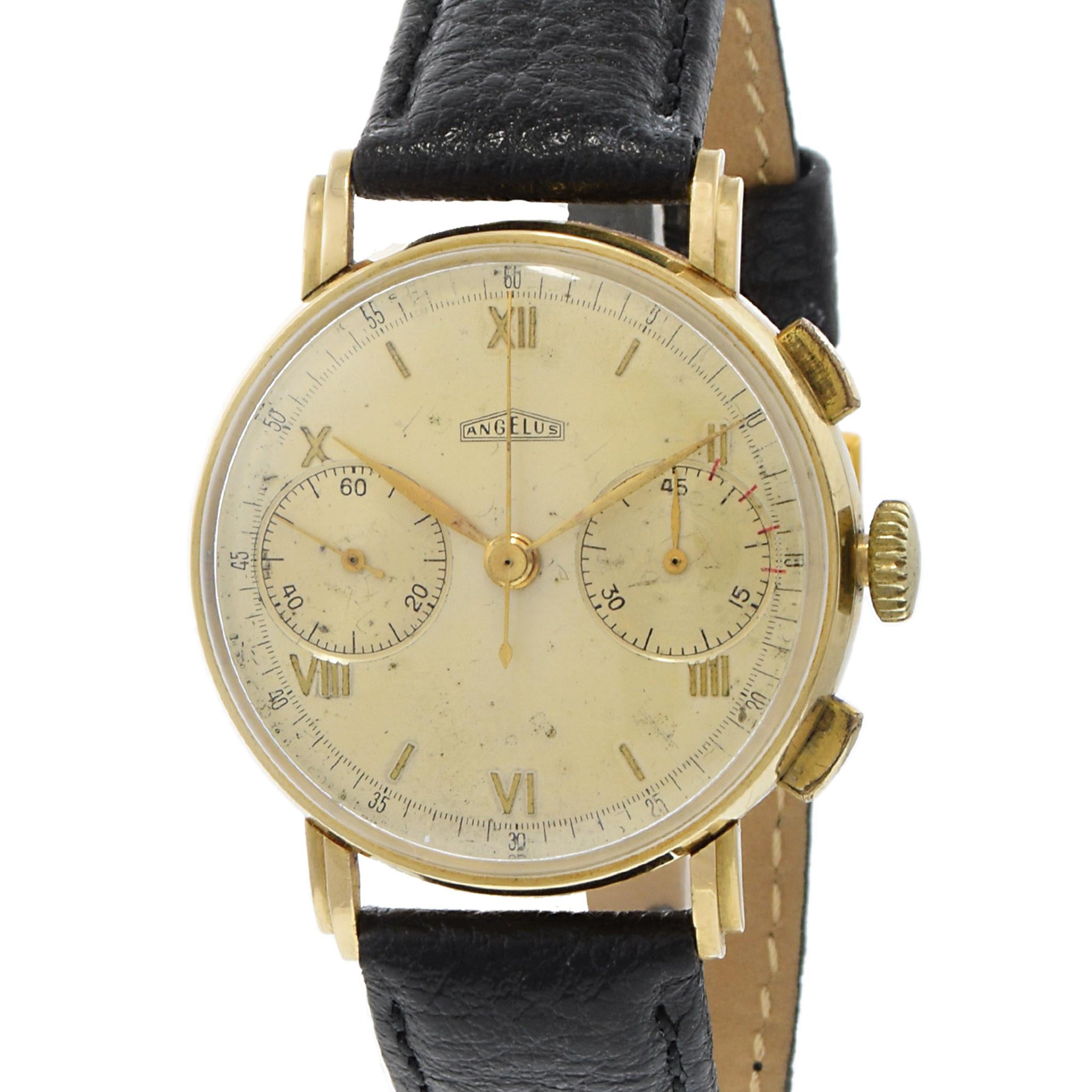 Vintage 1940s Angelus Watch Co. Swiss Chronograph 18K Yellow Gold