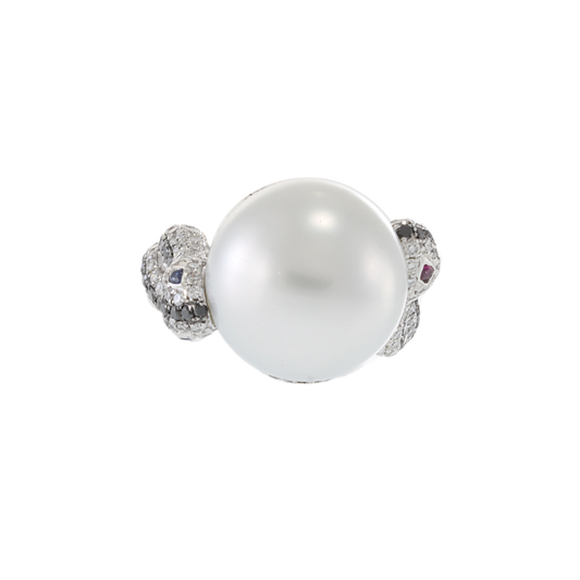 18KT White Gold South Sea Pearl and Diamond Double Snake Ring