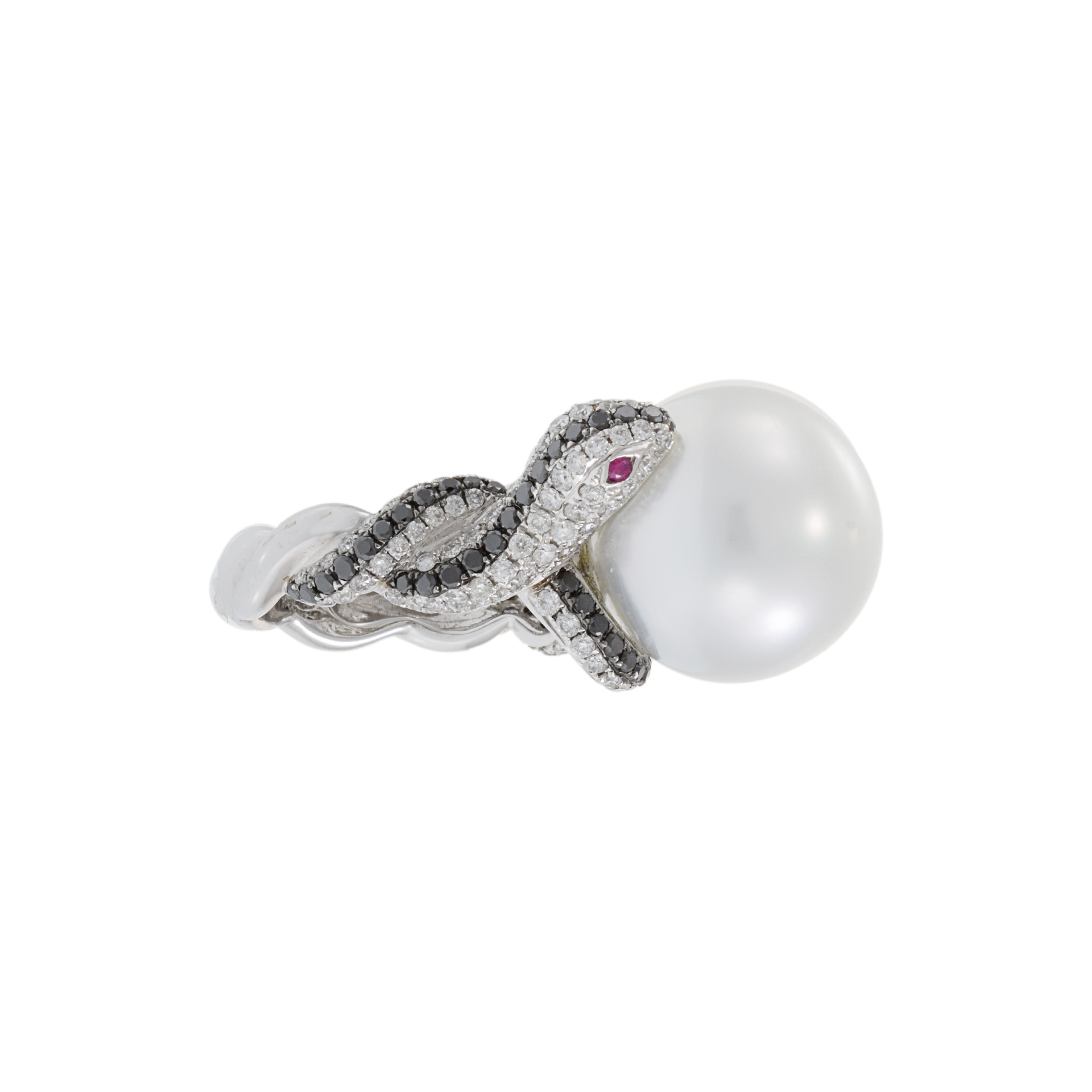 18KT White Gold South Sea Pearl and Diamond Double Snake Ring