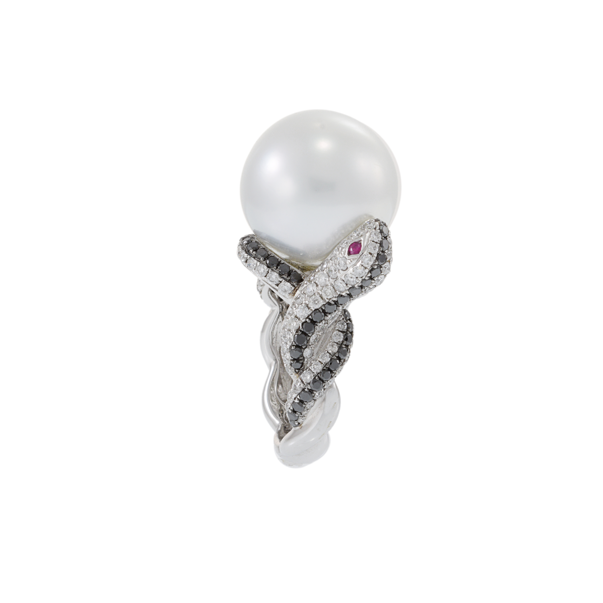 18KT White Gold South Sea Pearl and Diamond Double Snake Ring