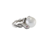 18KT White Gold South Sea Pearl and Diamond Double Snake Ring