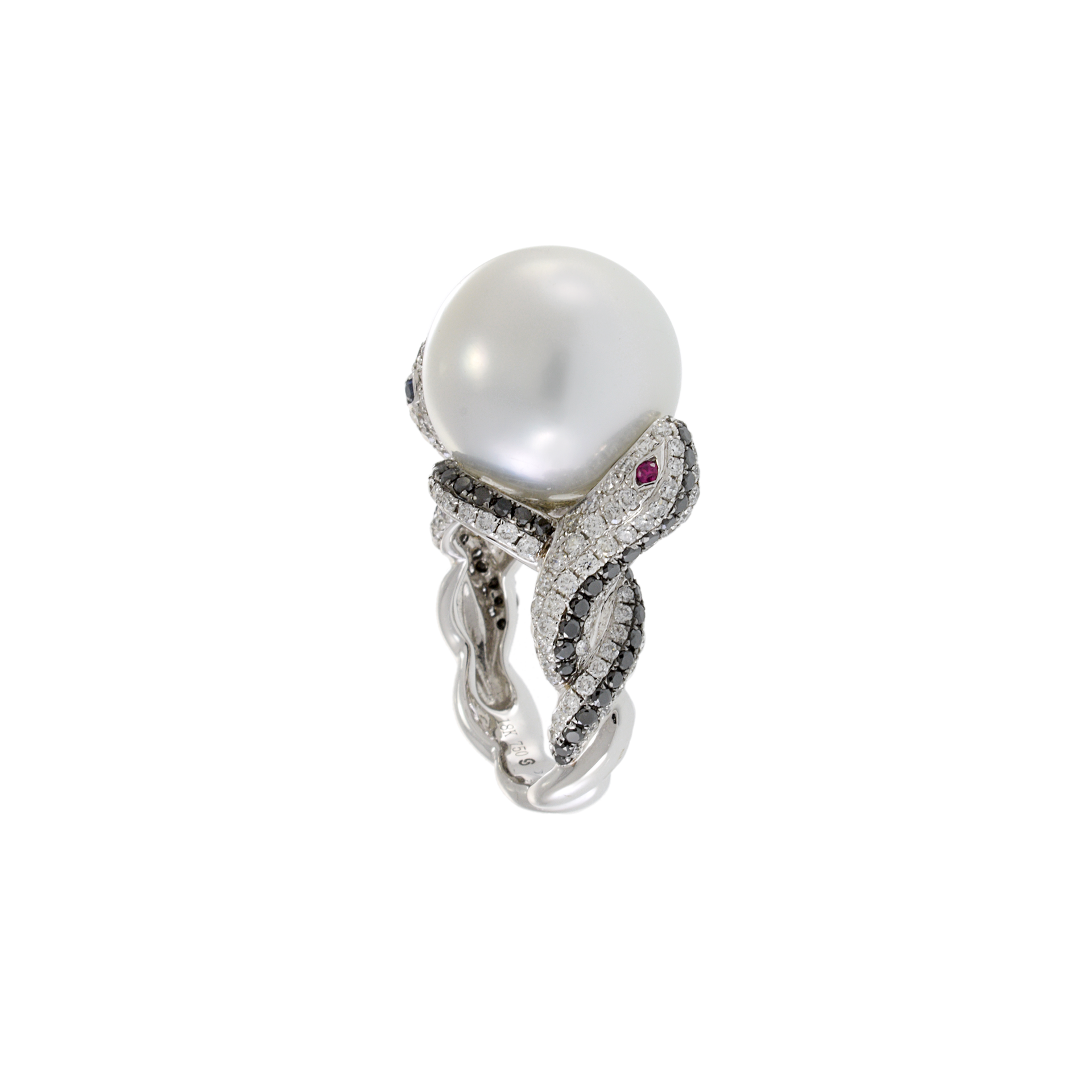 18KT White Gold South Sea Pearl and Diamond Double Snake Ring