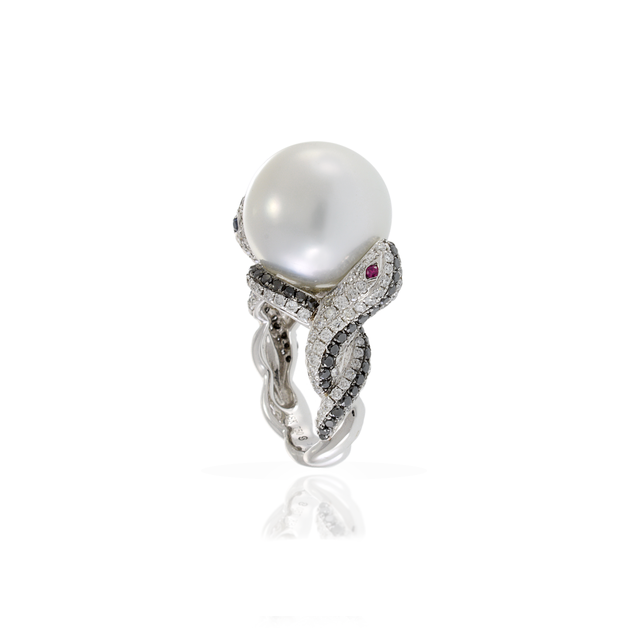 18KT White Gold South Sea Pearl and Diamond Double Snake Ring