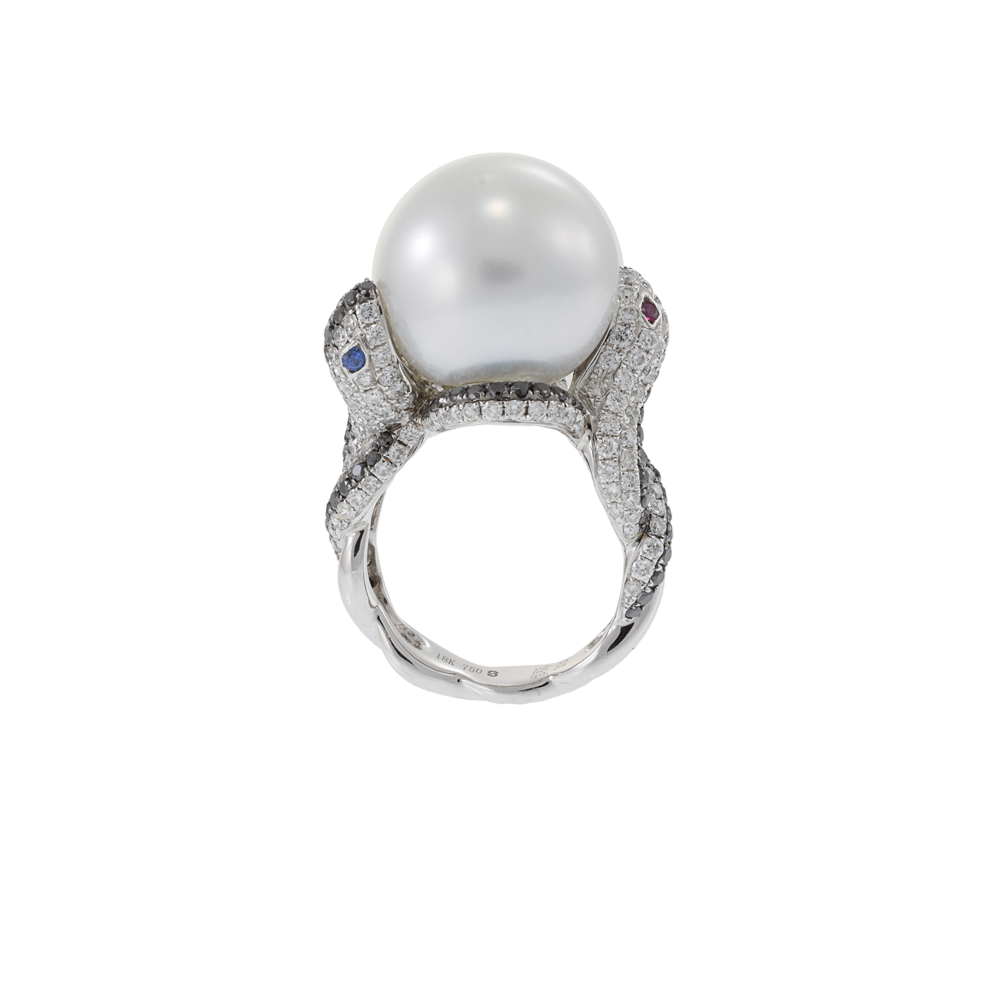 18KT White Gold South Sea Pearl and Diamond Double Snake Ring