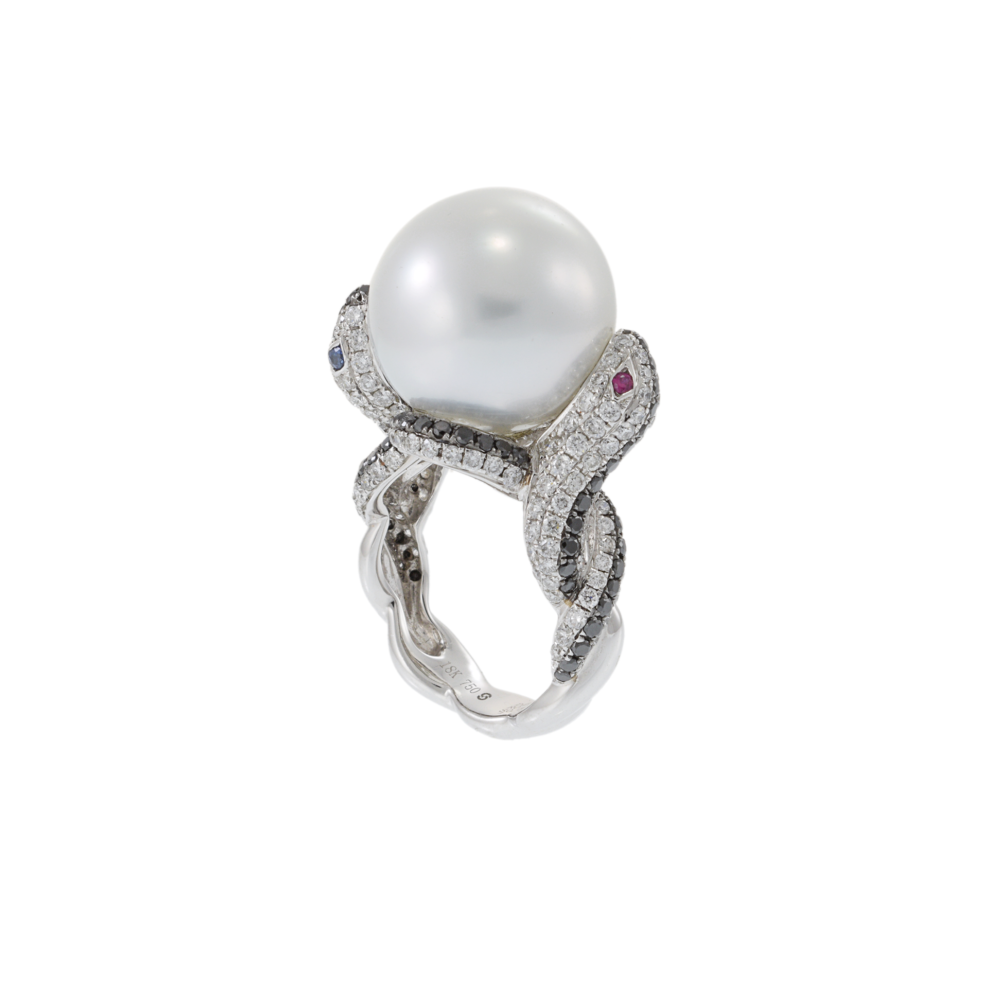 18KT White Gold South Sea Pearl and Diamond Double Snake Ring