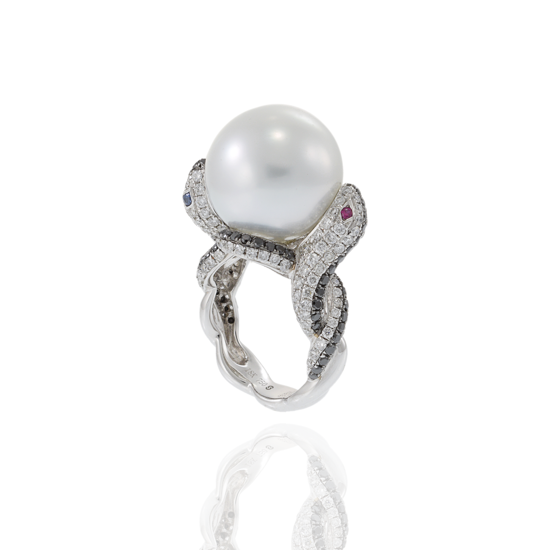 18KT White Gold South Sea Pearl and Diamond Double Snake Ring