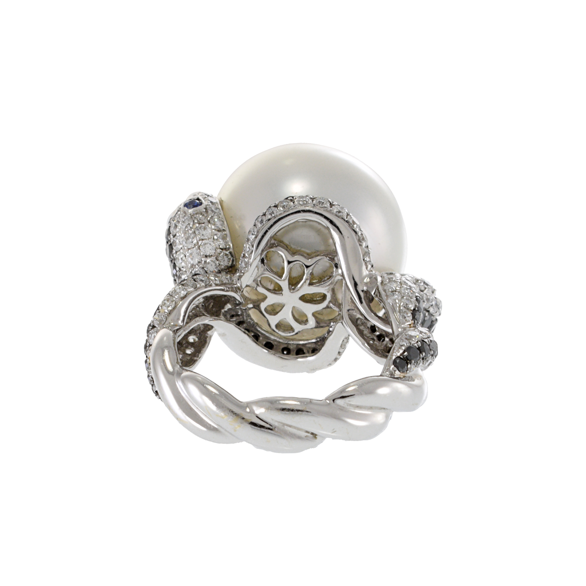 18KT White Gold South Sea Pearl and Diamond Double Snake Ring