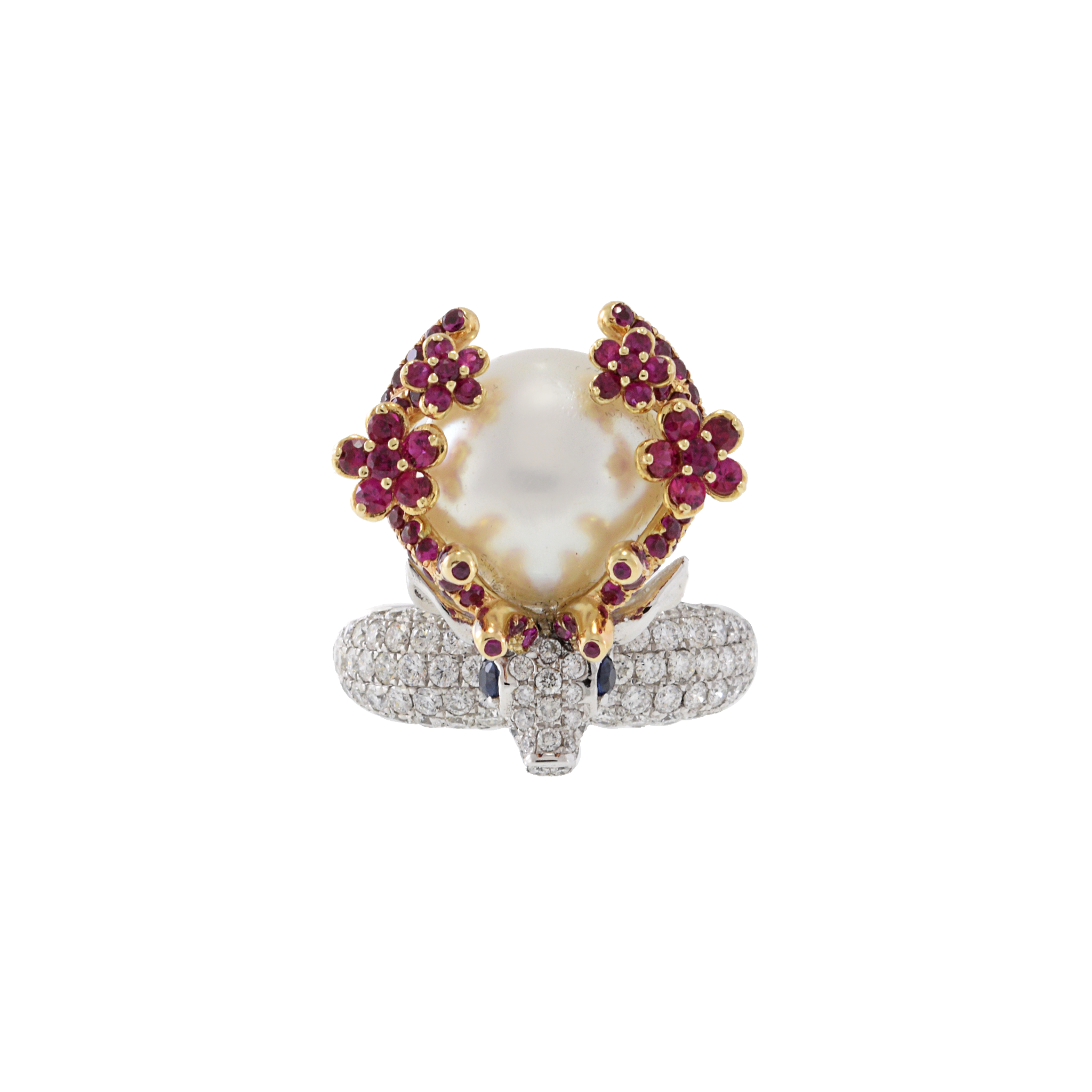 14KT Two-Tone Gold South Sea Pearl, Diamond, Ruby, and Sapphire Reindeer Ring