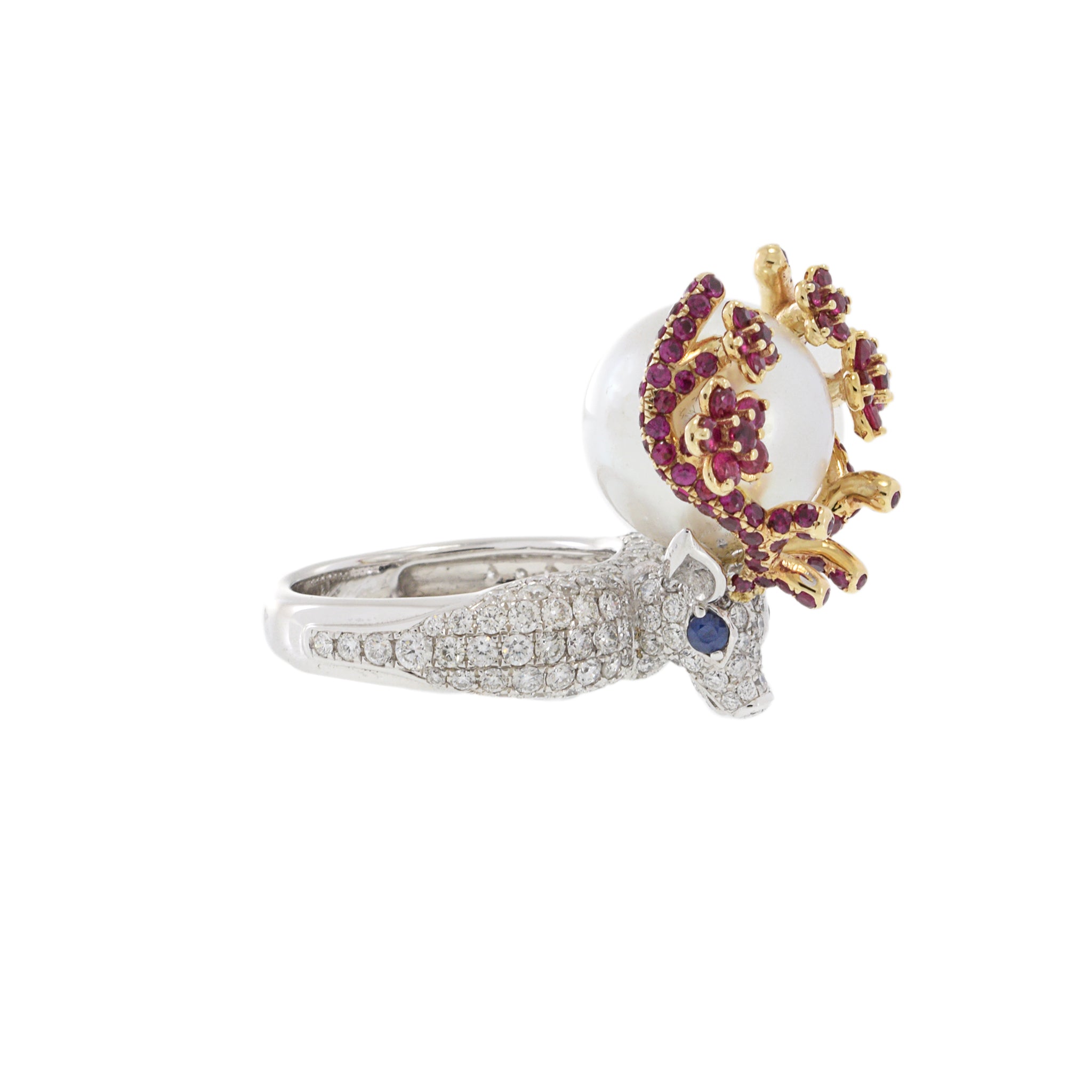 14KT Two-Tone Gold South Sea Pearl, Diamond, Ruby, and Sapphire Reindeer Ring