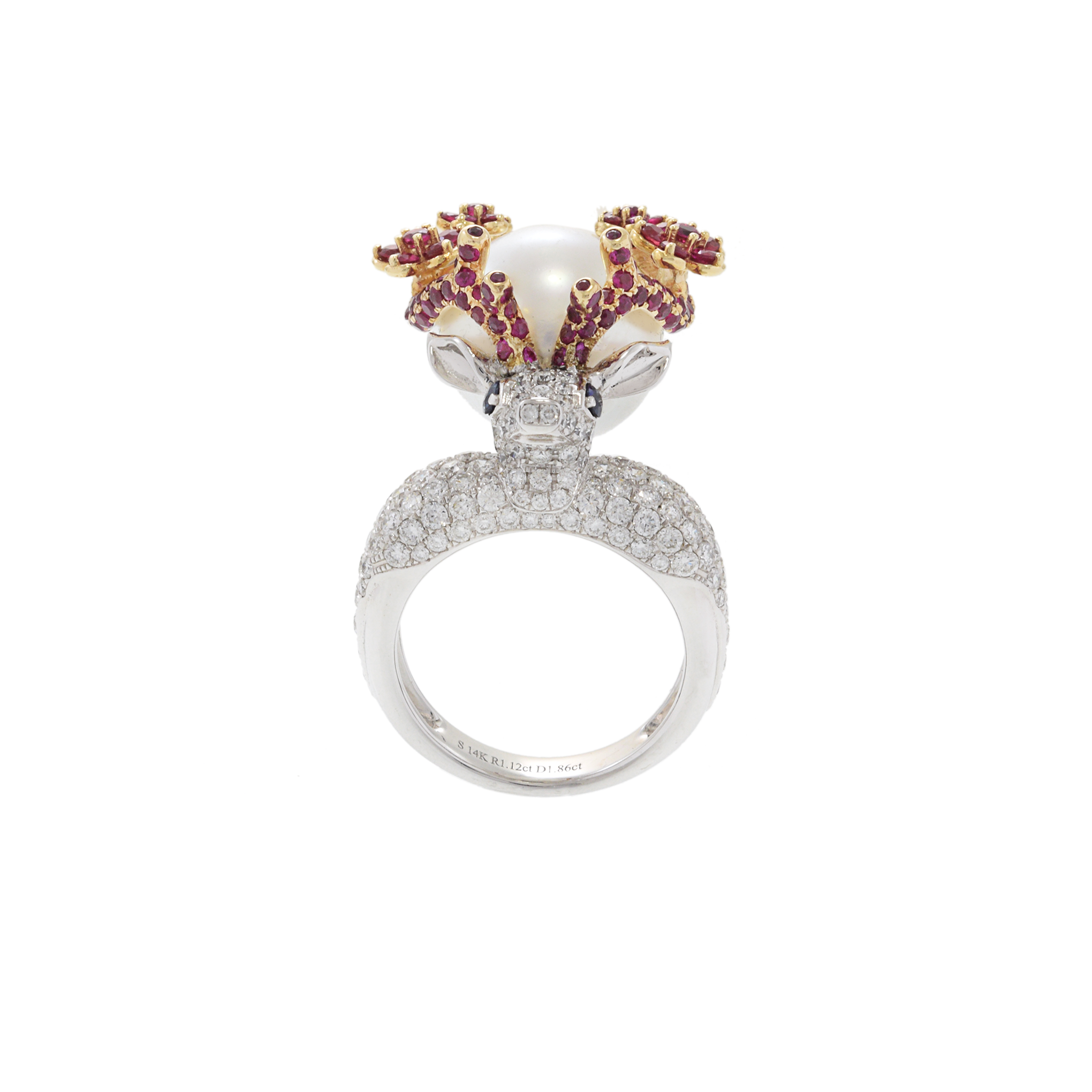 14KT Two-Tone Gold South Sea Pearl, Diamond, Ruby, and Sapphire Reindeer Ring