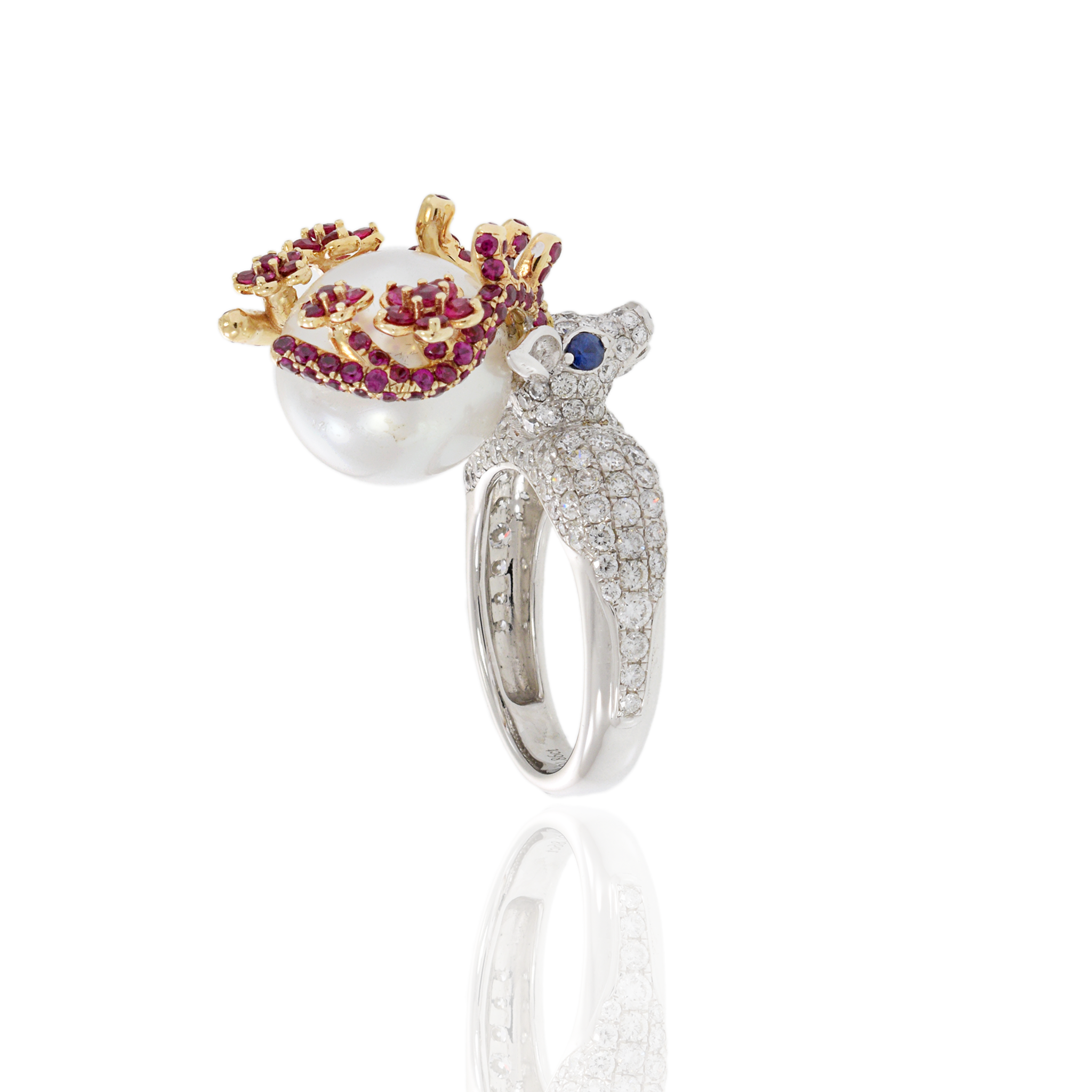 14KT Two-Tone Gold South Sea Pearl, Diamond, Ruby, and Sapphire Reindeer Ring