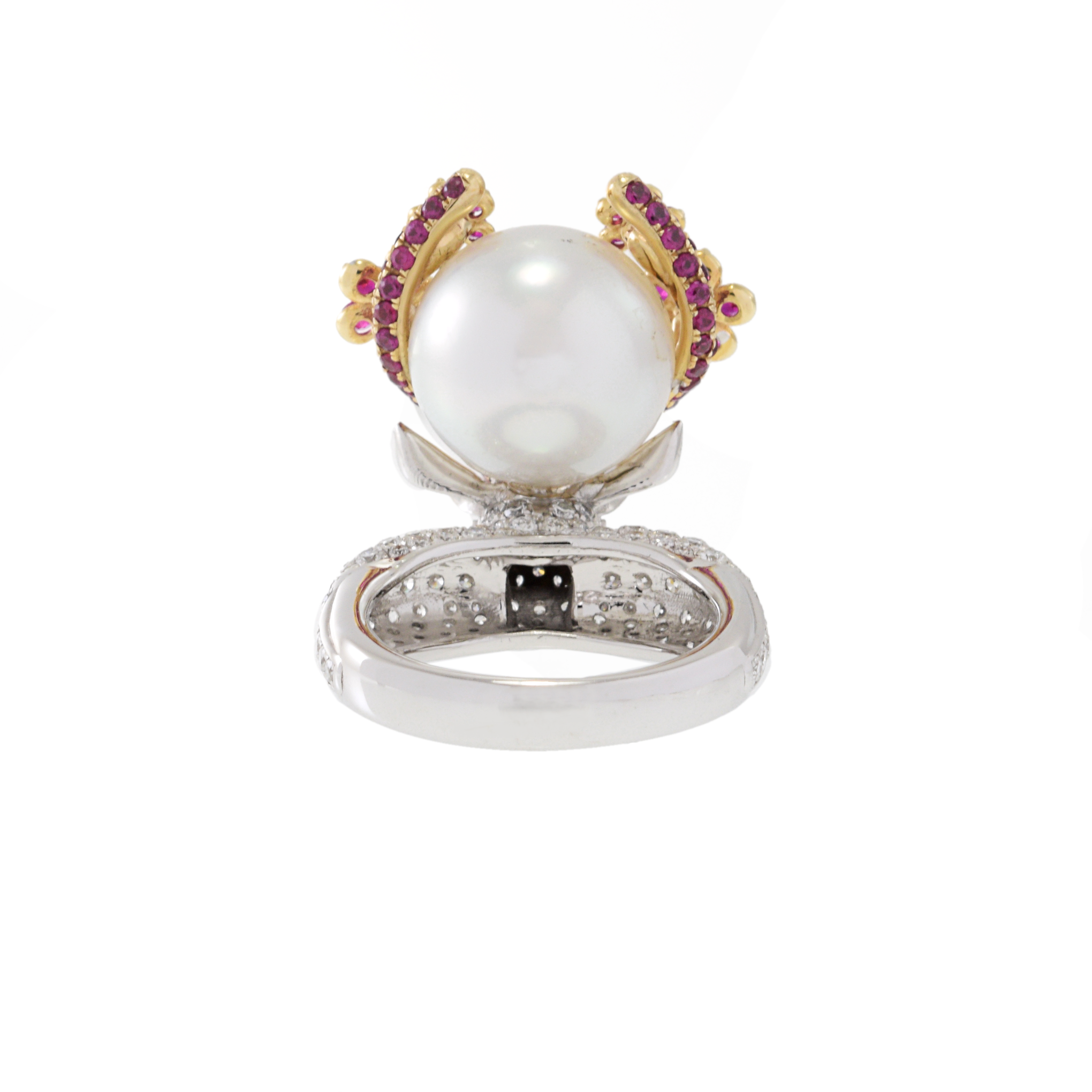 14KT Two-Tone Gold South Sea Pearl, Diamond, Ruby, and Sapphire Reindeer Ring