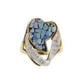 Vintage 1970s 14KT Yellow Gold Mosaic Opal And Diamond Heart Ring