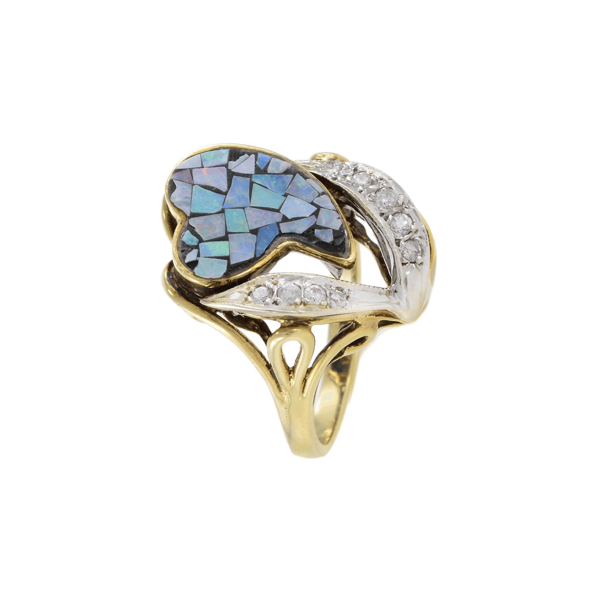 Vintage 1970s 14KT Yellow Gold Mosaic Opal And Diamond Heart Ring