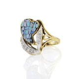 Vintage 1970s 14KT Yellow Gold Mosaic Opal And Diamond Heart Ring