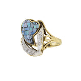 Vintage 1970s 14KT Yellow Gold Mosaic Opal And Diamond Heart Ring