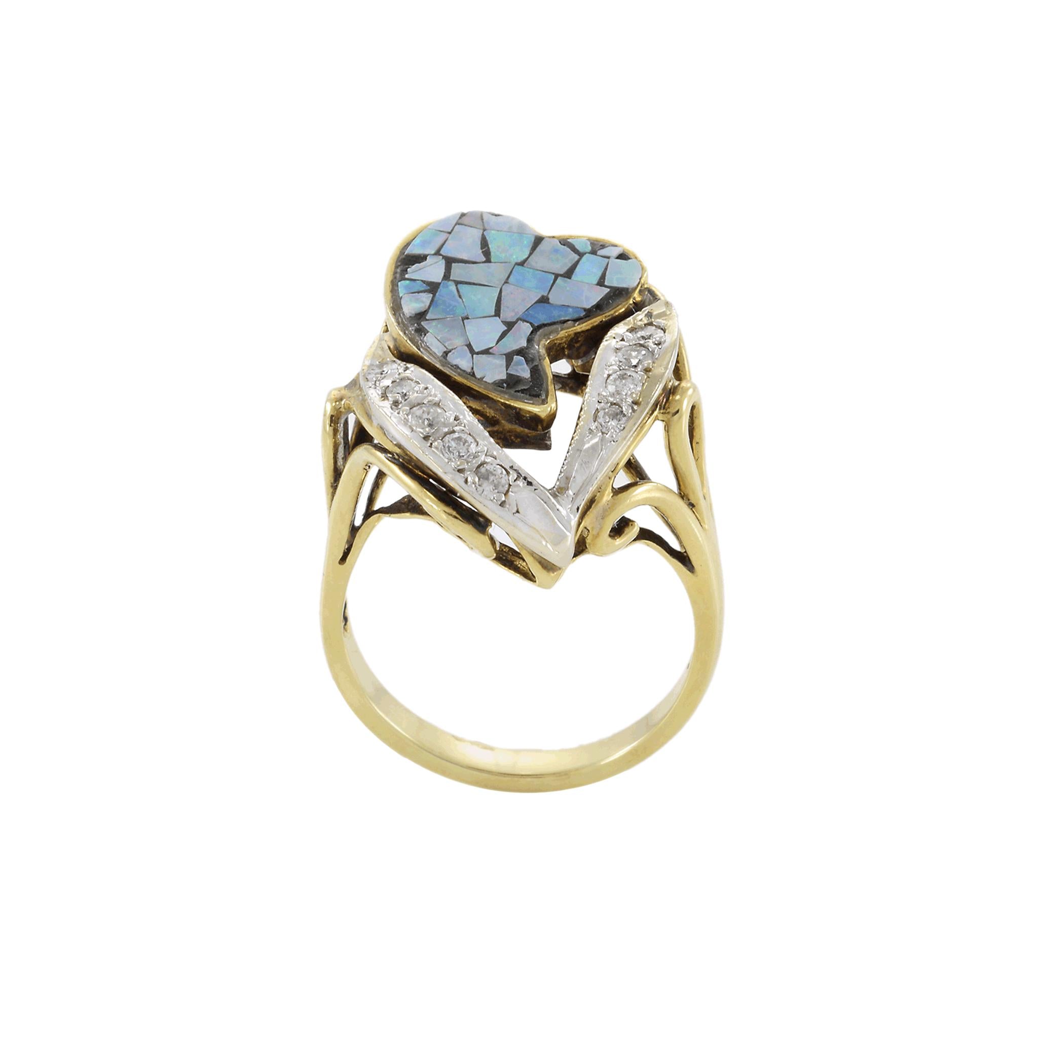 Vintage 1970s 14KT Yellow Gold Mosaic Opal And Diamond Heart Ring