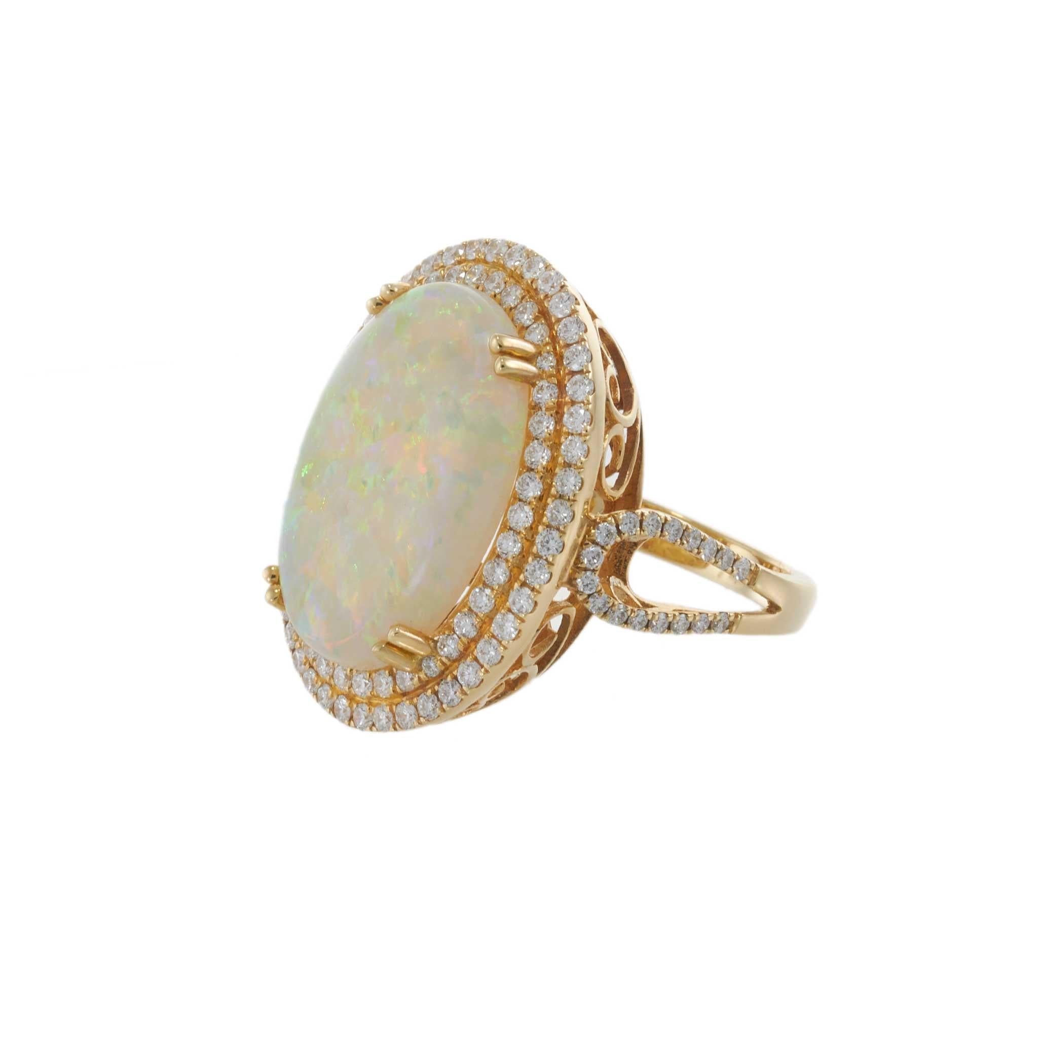 14KT Yellow Gold Opal and Diamond Double-Halo Ring
