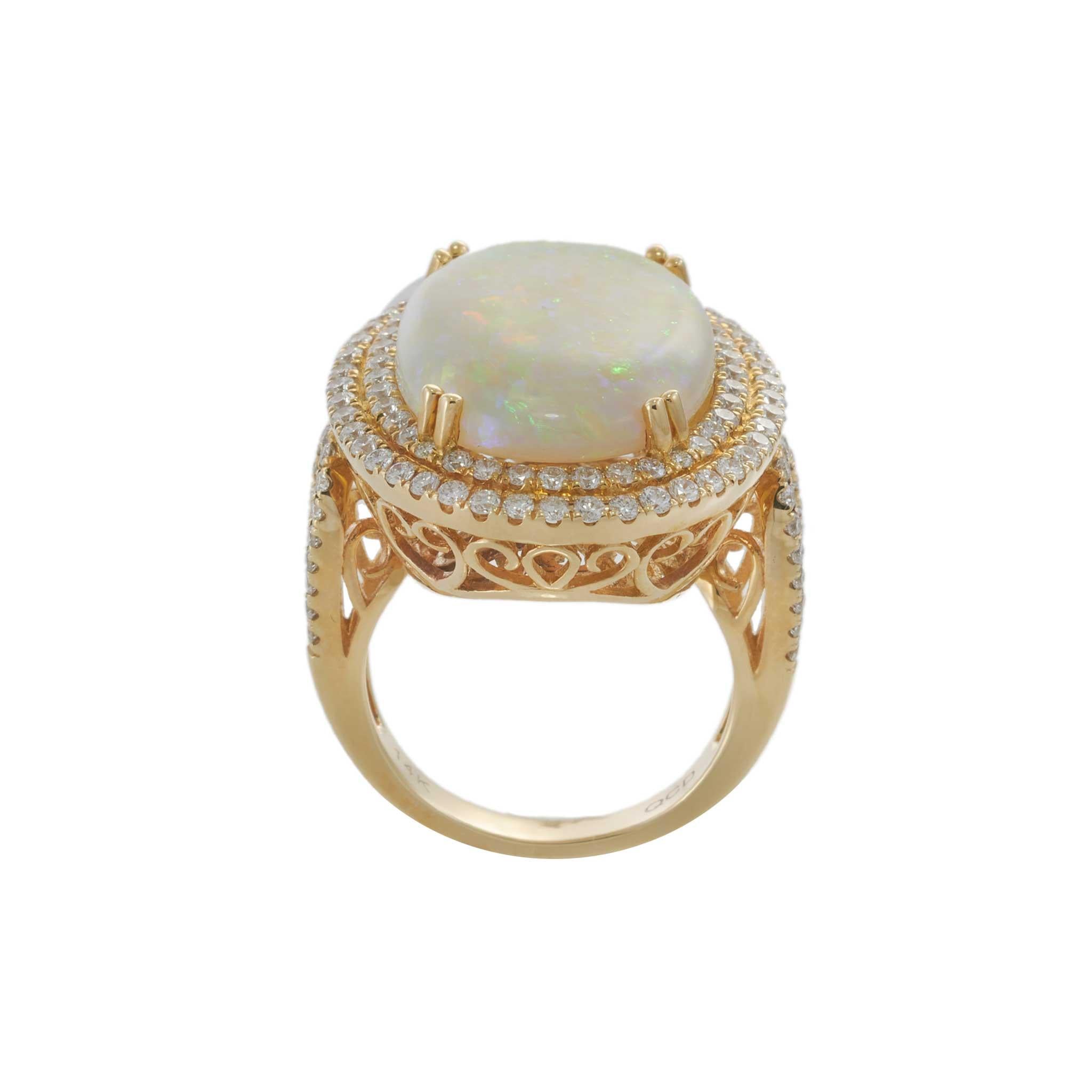 14KT Yellow Gold Opal and Diamond Double-Halo Ring