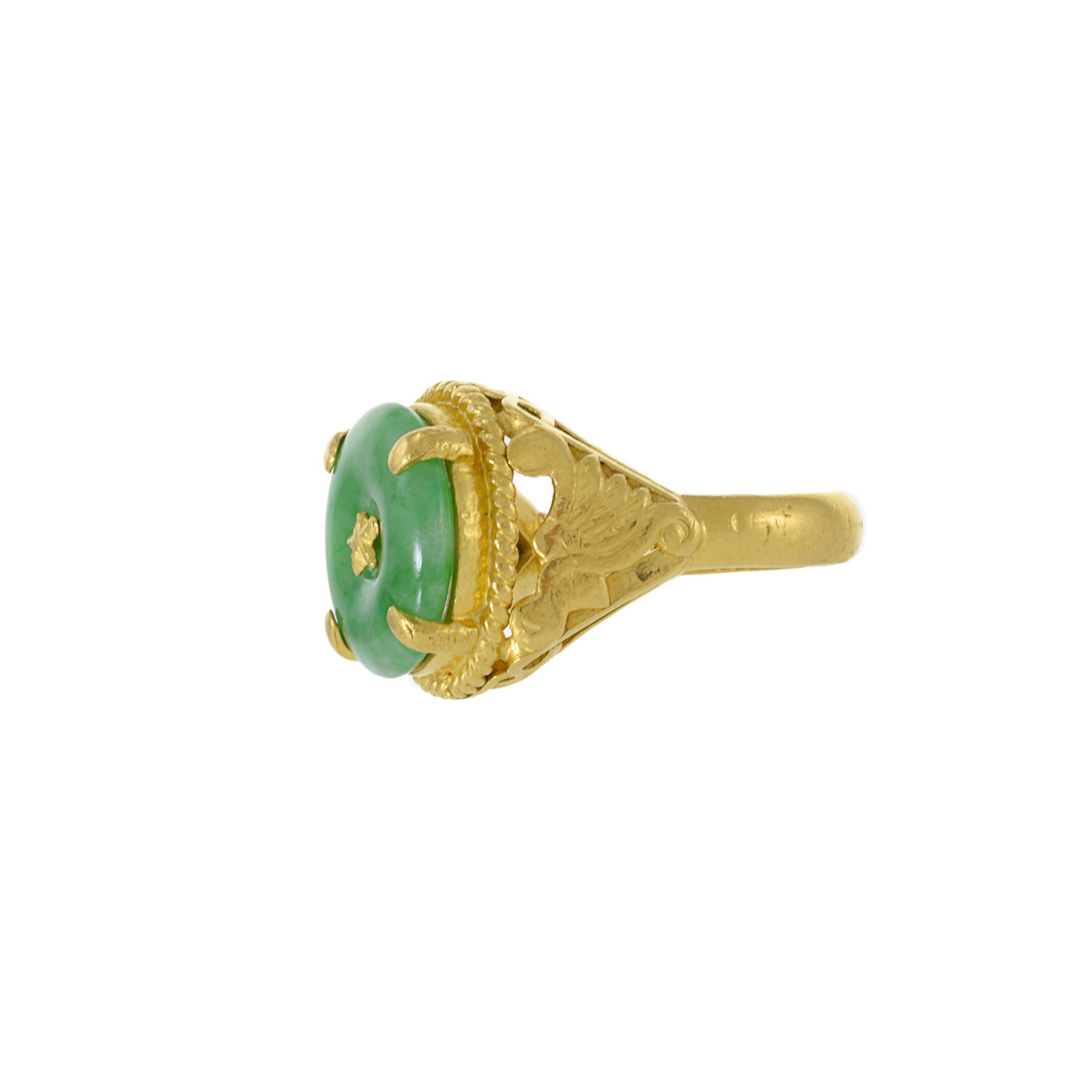 Vintage Retro Era 24KT Yellow Gold Genuine Green Jade Ring