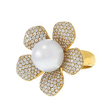 18KT Yellow Gold 12MM South Sea Pearl and Diamond Flower Ring