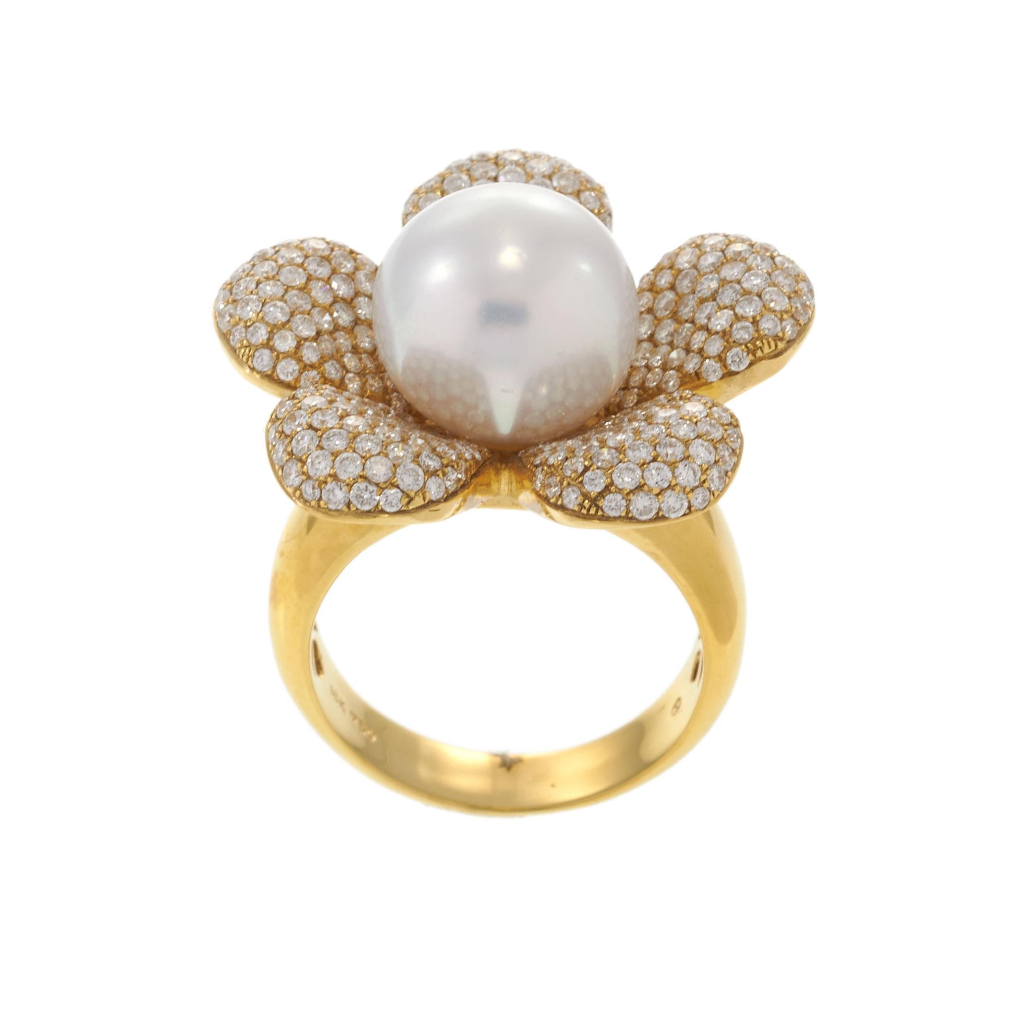 18KT Yellow Gold 12MM South Sea Pearl and Diamond Flower Ring