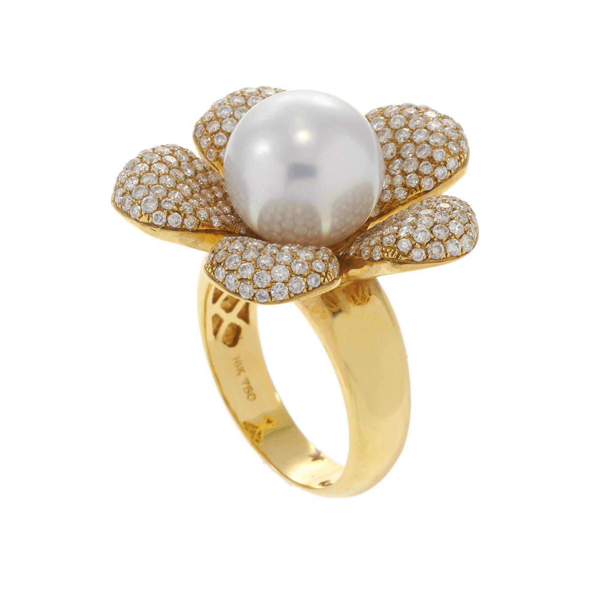 18KT Yellow Gold 12MM South Sea Pearl and Diamond Flower Ring