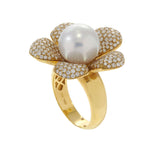 18KT Yellow Gold 12MM South Sea Pearl and Diamond Flower Ring