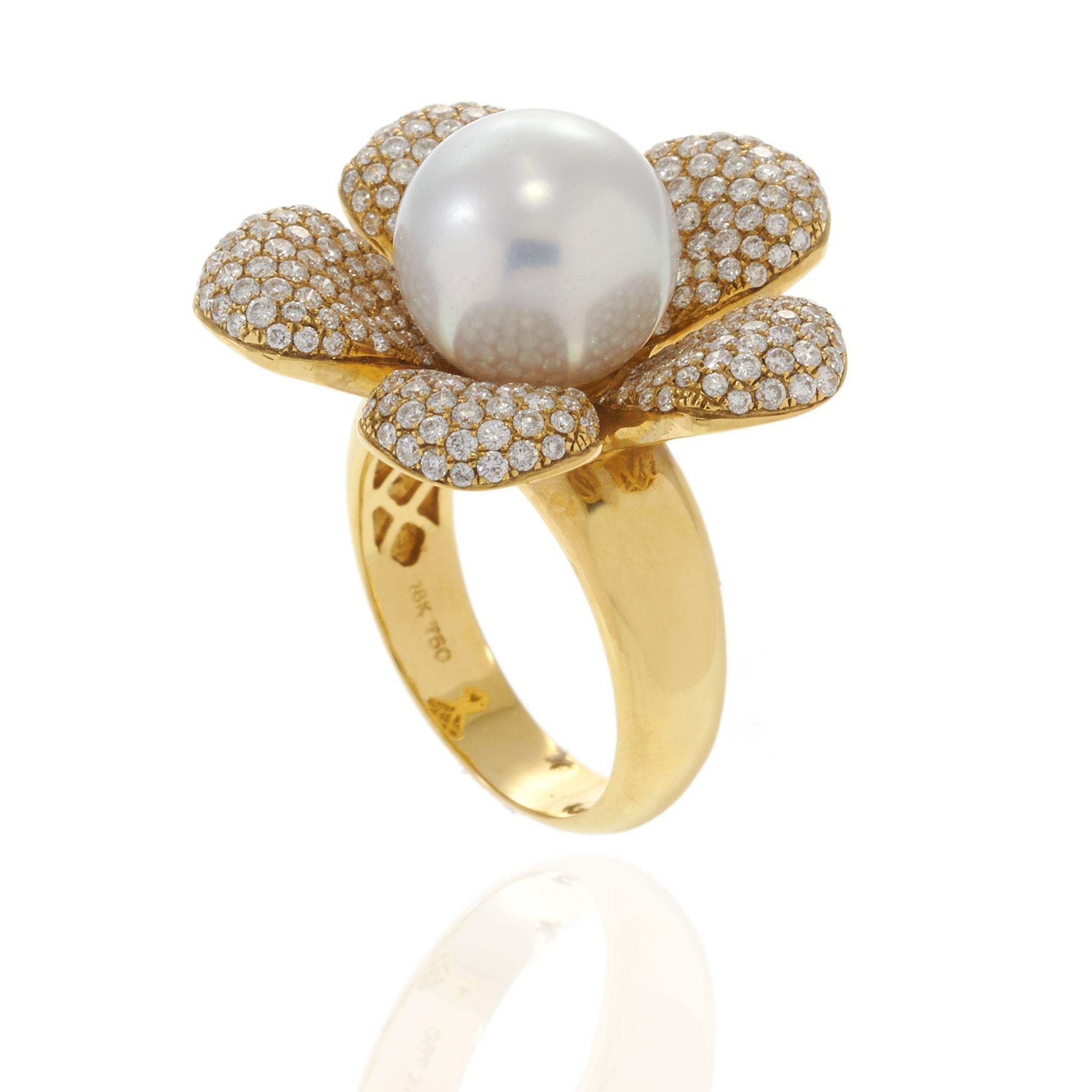 18KT Yellow Gold 12MM South Sea Pearl and Diamond Flower Ring