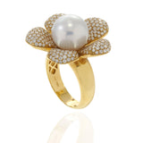 18KT Yellow Gold 12MM South Sea Pearl and Diamond Flower Ring