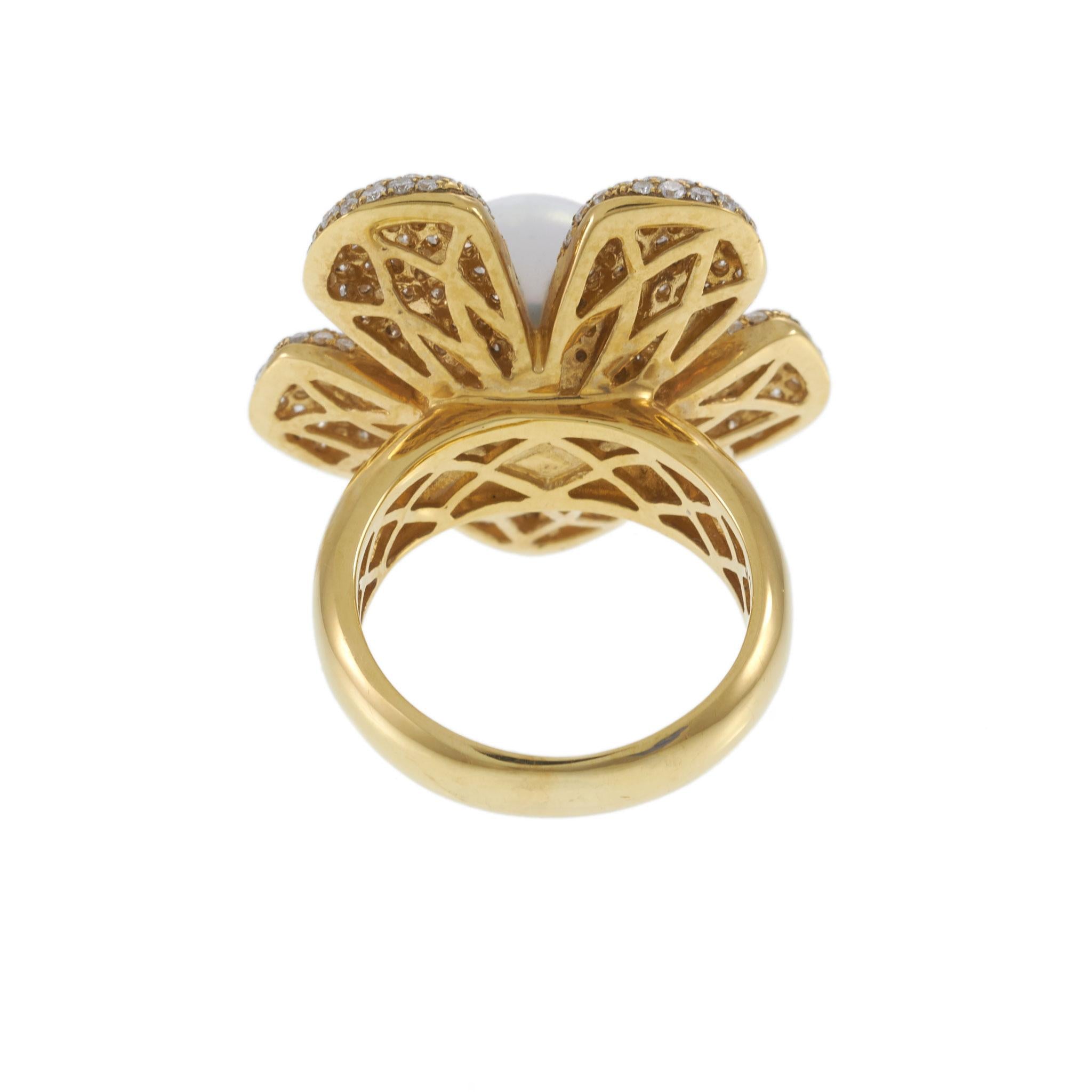 18KT Yellow Gold 12MM South Sea Pearl and Diamond Flower Ring