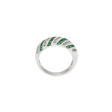 18KT White Gold Round Cut Diamond and Emerald Swirls Ring