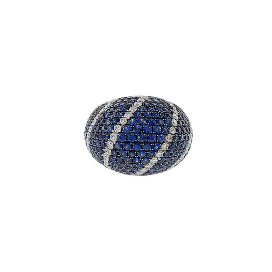 18KT White Gold Blue Sapphire And Diamond Dome Ring
