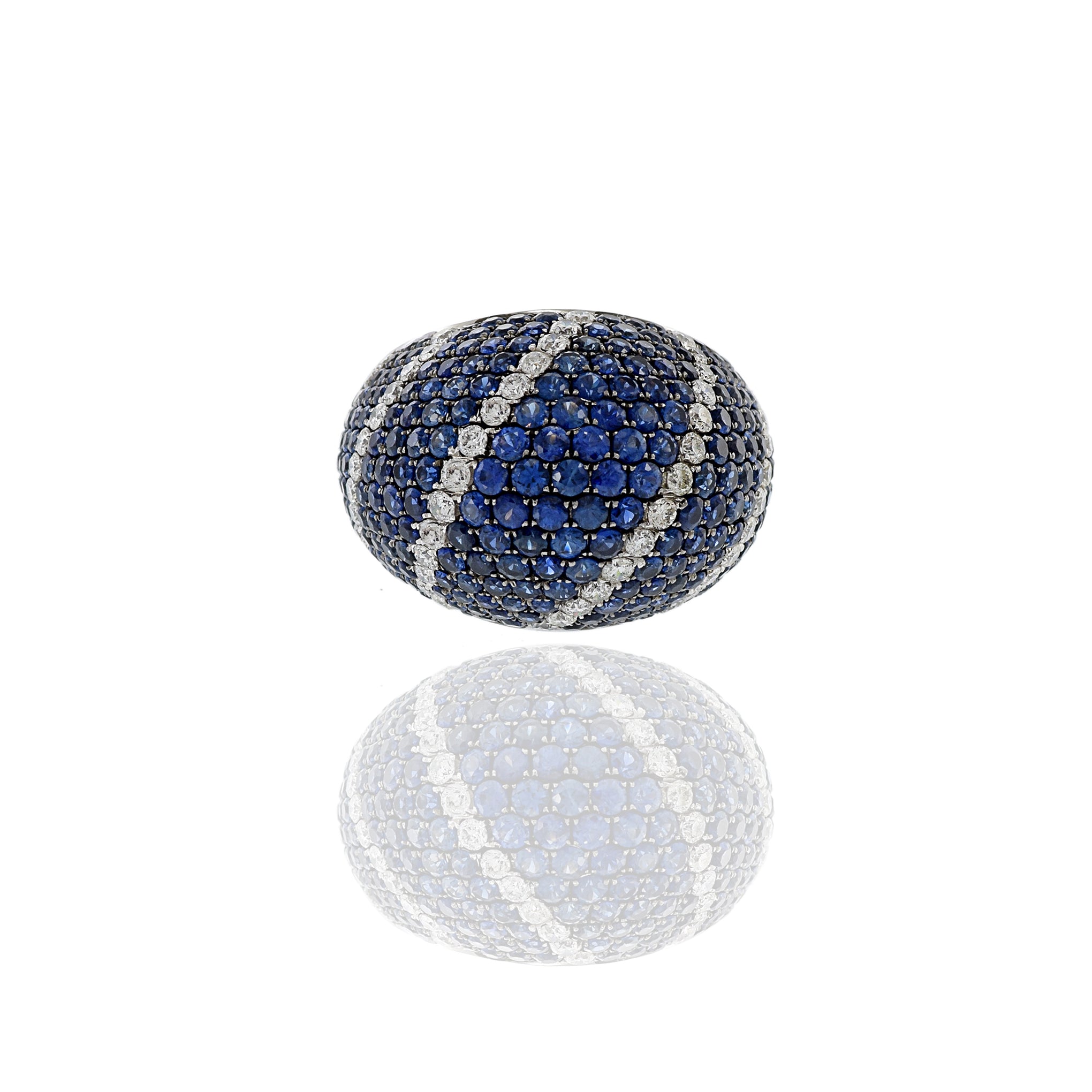 18KT White Gold Blue Sapphire And Diamond Dome Ring