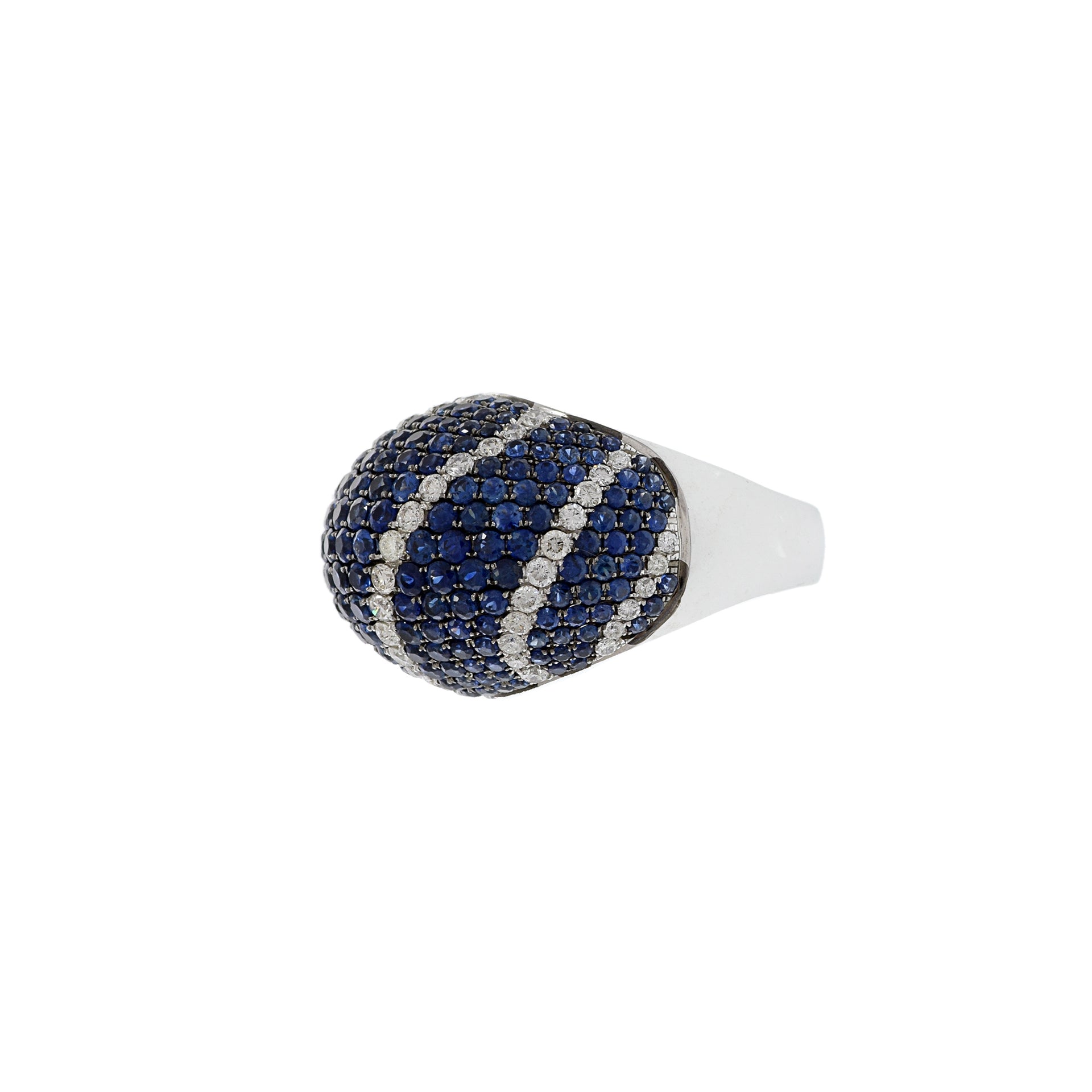 18KT White Gold Blue Sapphire And Diamond Dome Ring