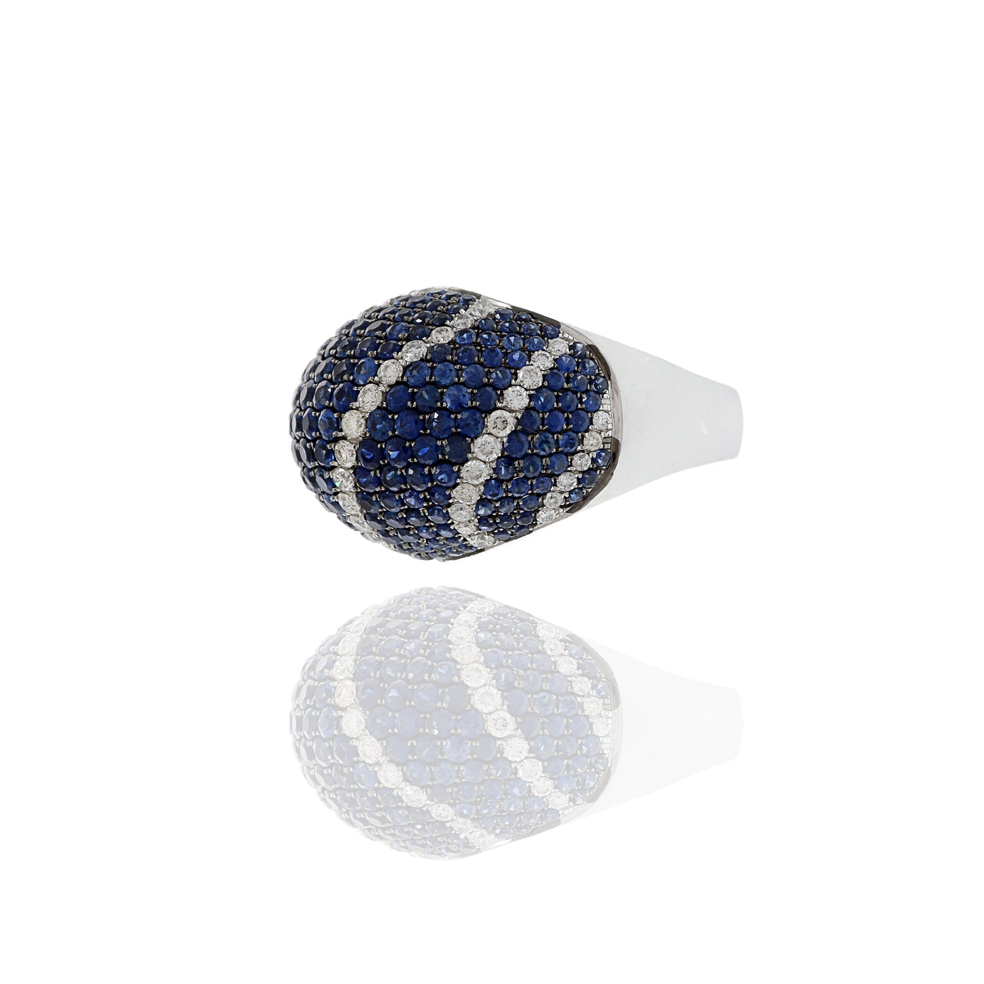 18KT White Gold Blue Sapphire And Diamond Dome Ring