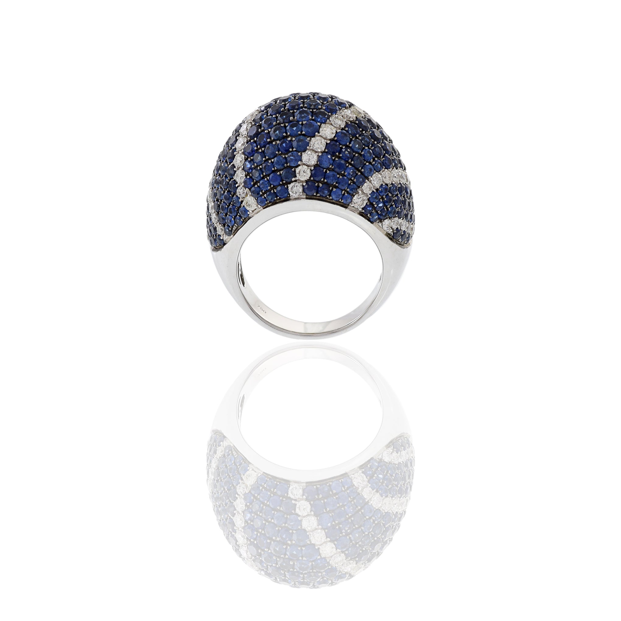 18KT White Gold Blue Sapphire And Diamond Dome Ring