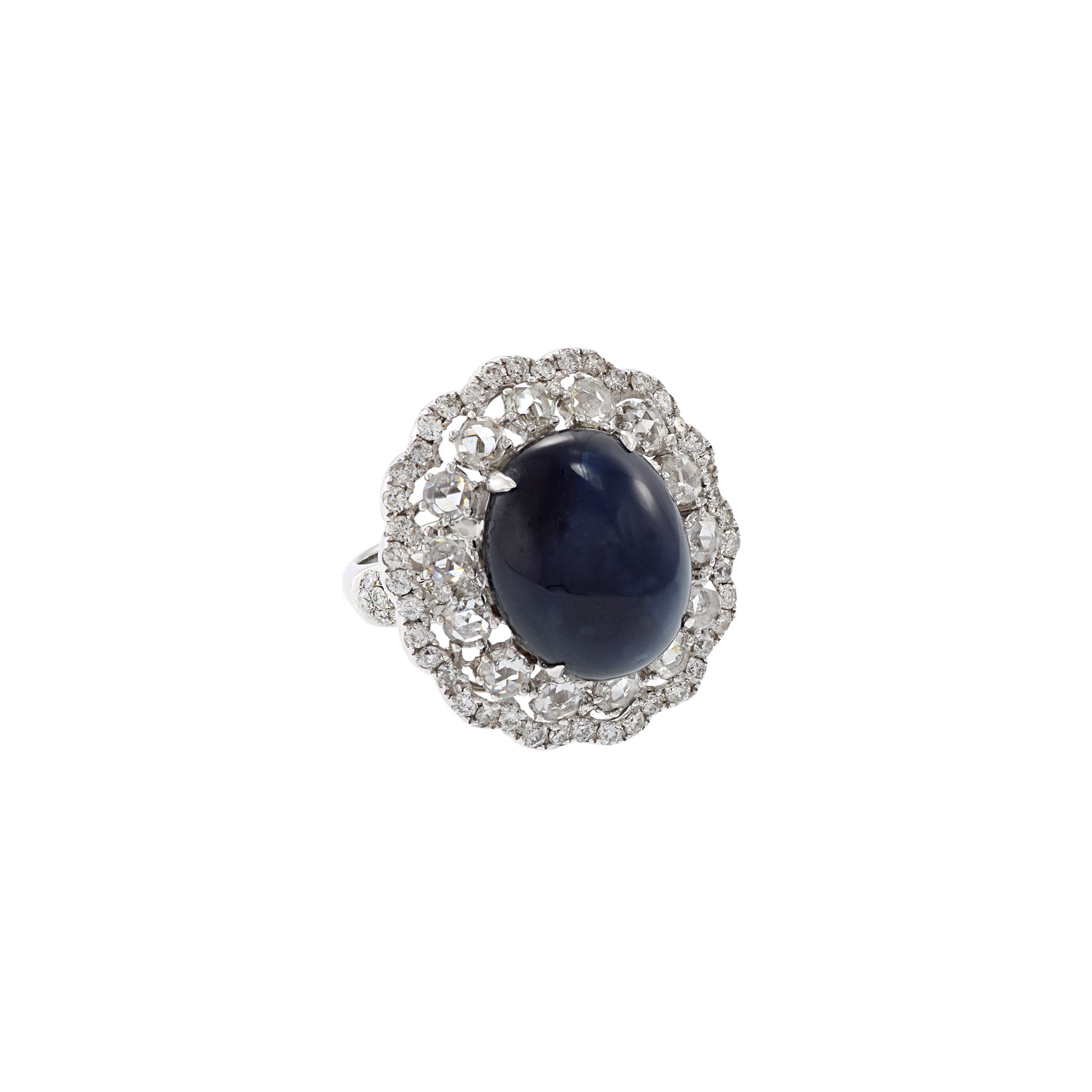 18KT White Gold Cabochon Cut Blue Sapphire And Diamond Ring