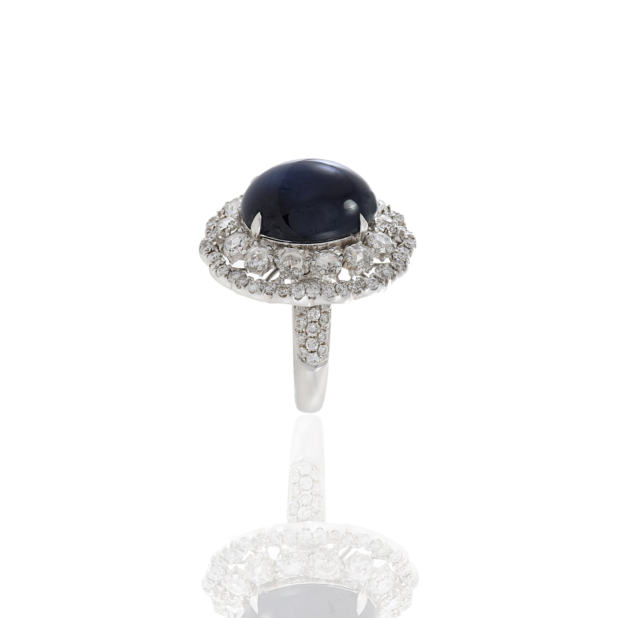 18KT White Gold Cabochon Cut Blue Sapphire And Diamond Ring