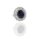 18KT White Gold Cabochon Cut Blue Sapphire And Diamond Ring