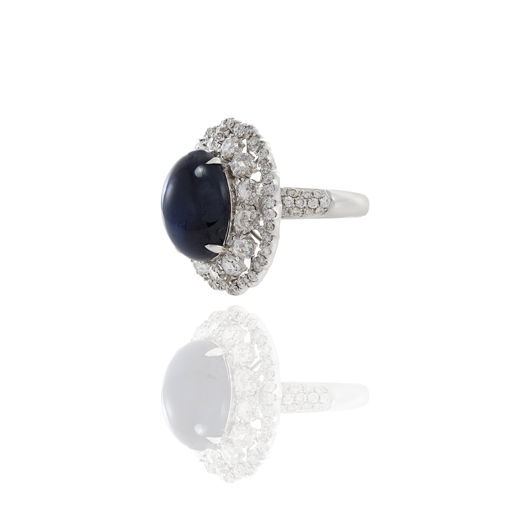 18KT White Gold Cabochon Cut Blue Sapphire And Diamond Ring