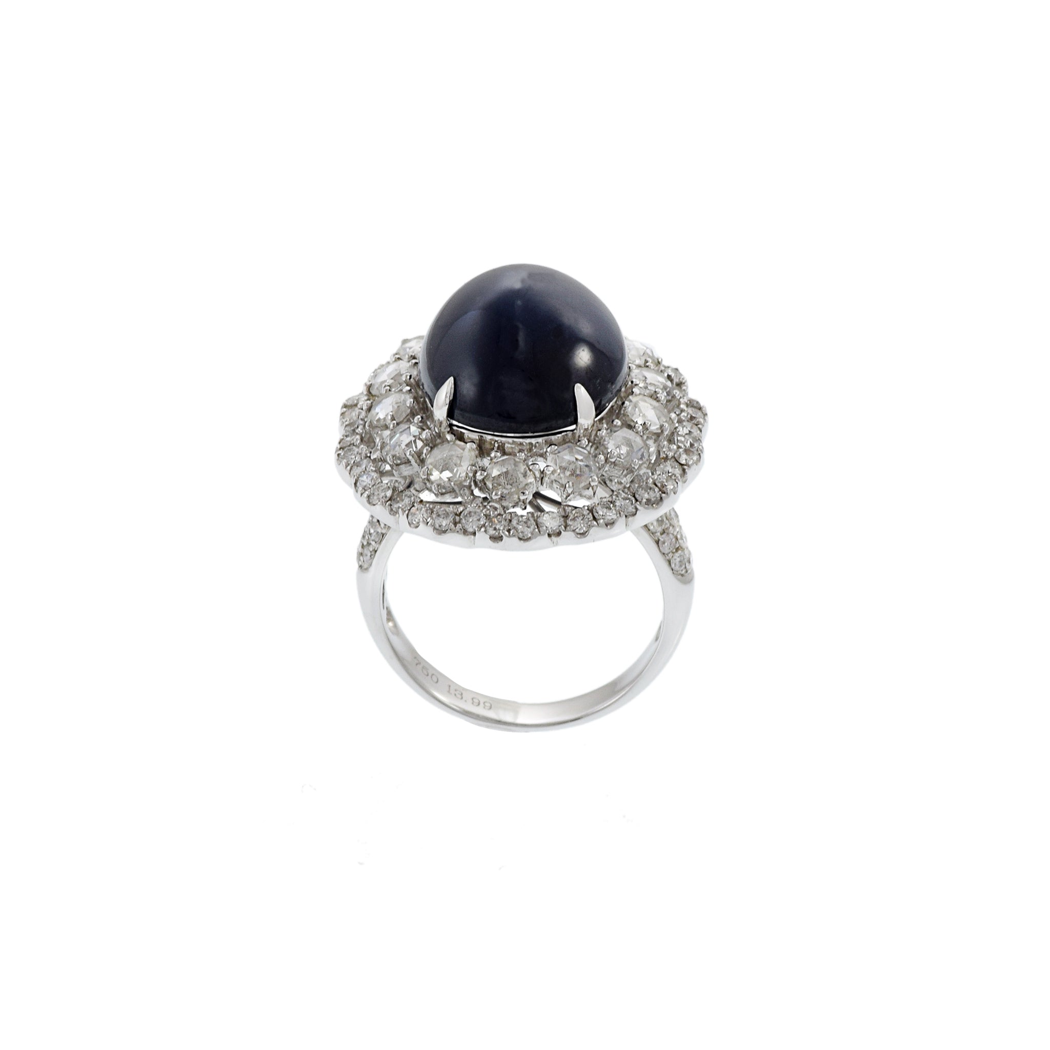 18KT White Gold Cabochon Cut Blue Sapphire And Diamond Ring