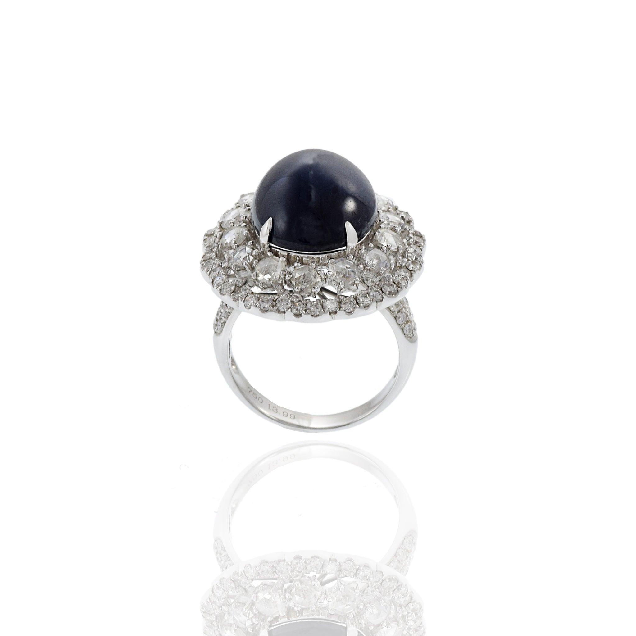 18KT White Gold Cabochon Cut Blue Sapphire And Diamond Ring