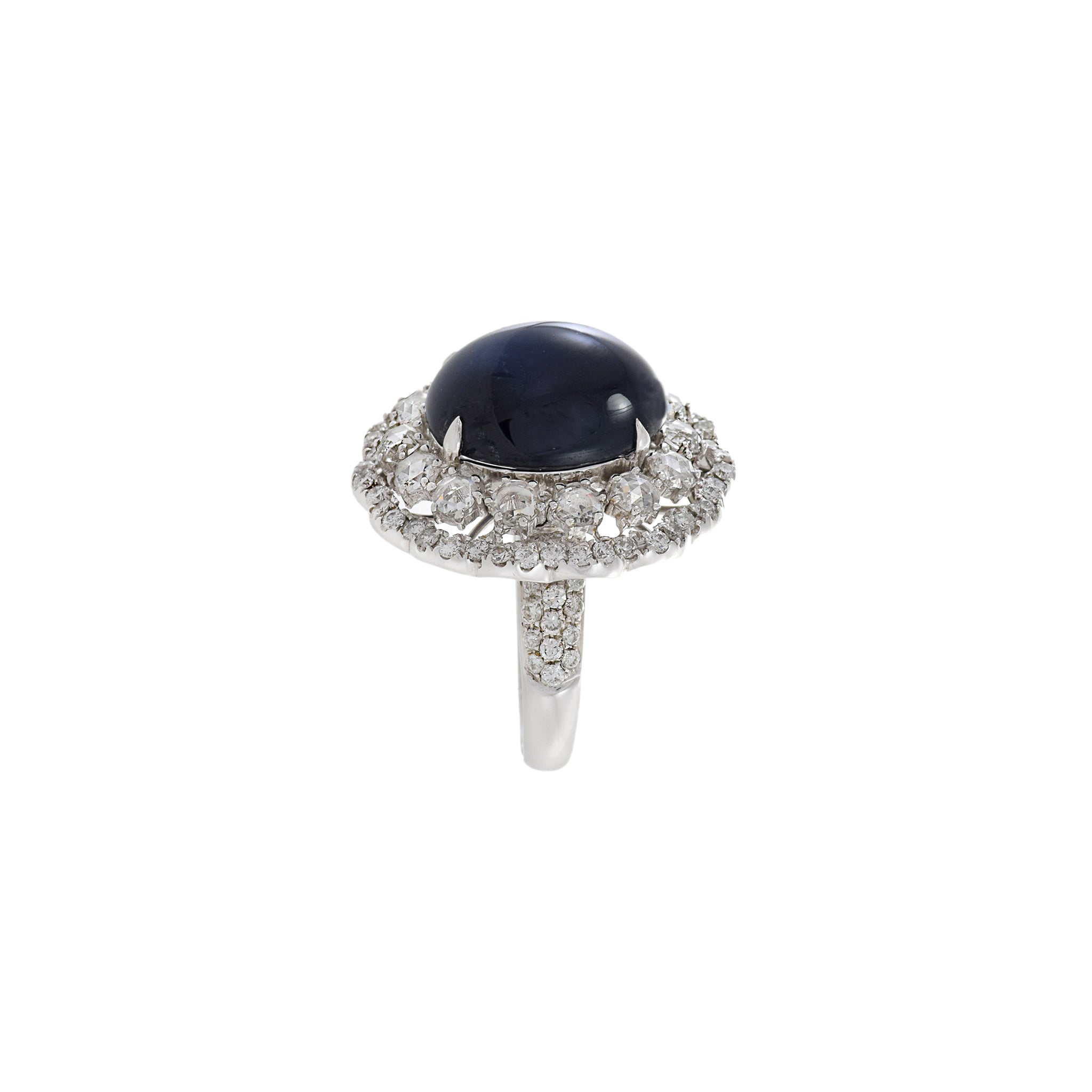 18KT White Gold Cabochon Cut Blue Sapphire And Diamond Ring