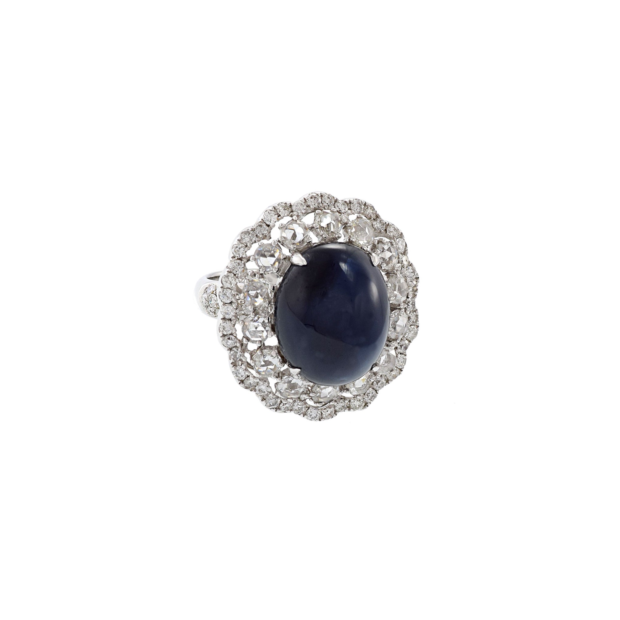 18KT White Gold Cabochon Cut Blue Sapphire And Diamond Ring